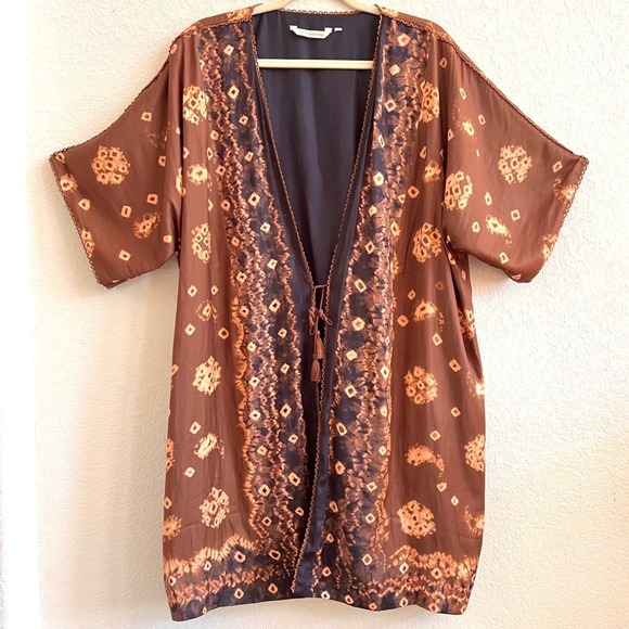 Soft Surroundings Other - Soft Surroundings Brown Long Line Ikat Kimono Tie Front Cardigan